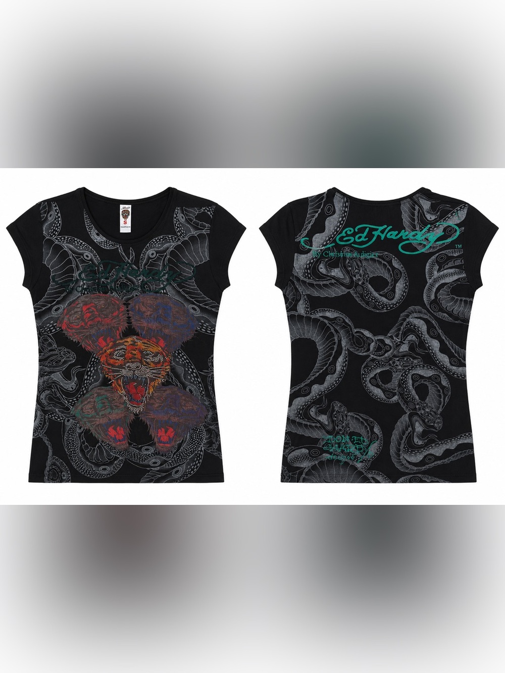 Ed Hardy by Christian Audigier Tiger Rhinestone Snake Graphic Y2K Baby Tee Small